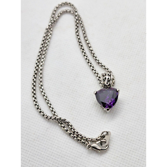 NECKLACE/PENDANT-Long-Purple-Heart/Triangle-Detailed Bale*Silver Tone Chain-16" - Picture 1 of 10
